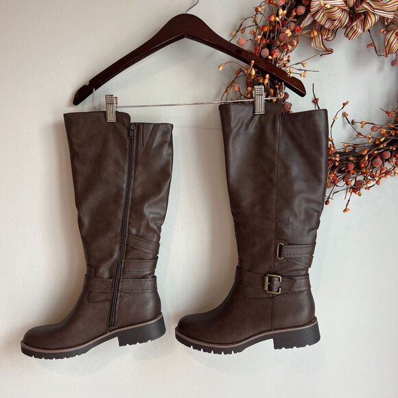 Sun + Stone Blakelyy Womens Buckle Knee-High Boots Sz 6.5M in Chocolate Brown - Picture 1 of 9
